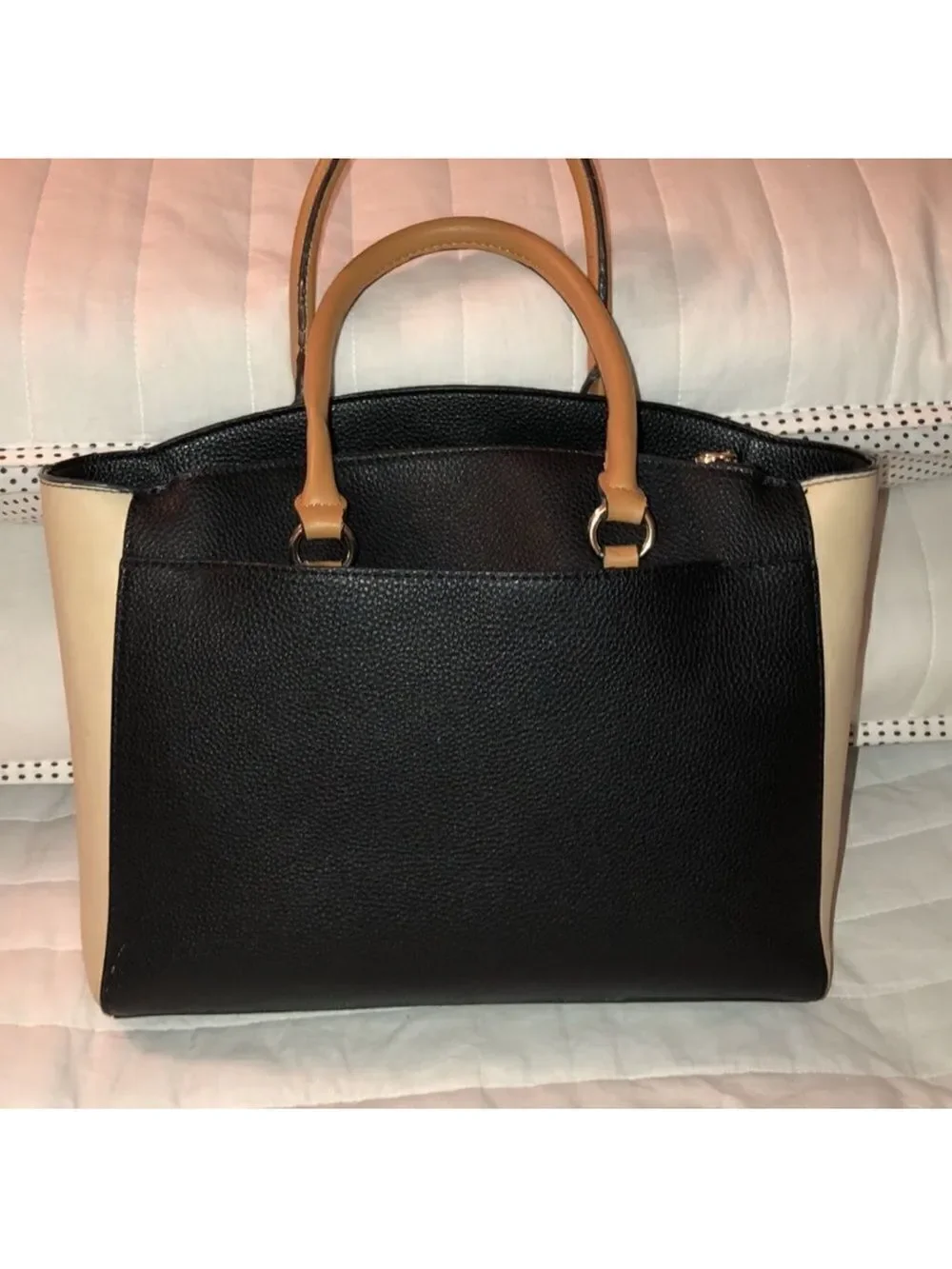 nanette lepore Darryl Color Block Black Camel Ivory Faux Leather Satchel